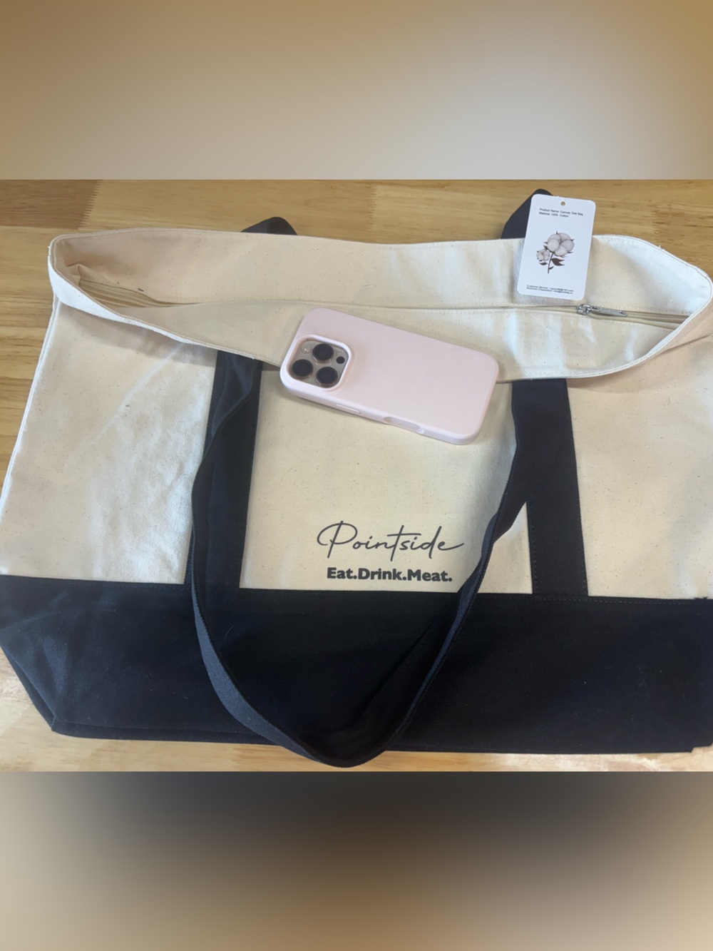 Black & Natural Zip Canvas Tote Bag with Pocket
